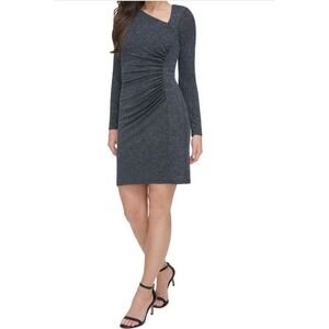 Vince Camuto Asymmetric V Neck Ruched Mini Dress Charcoal Shimmer Size 6 NWT
